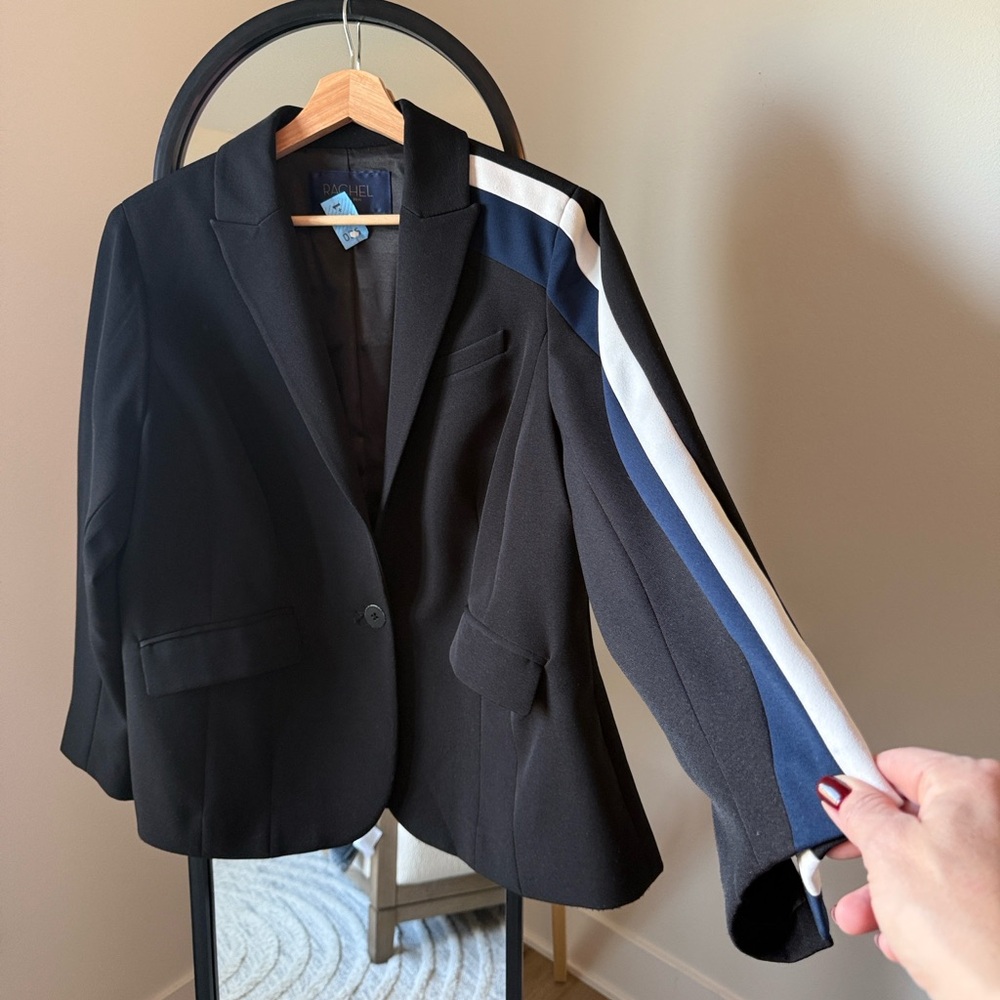 RACHEL Rachel Roy Black Blazer with White and Navy Stripe Sleeve